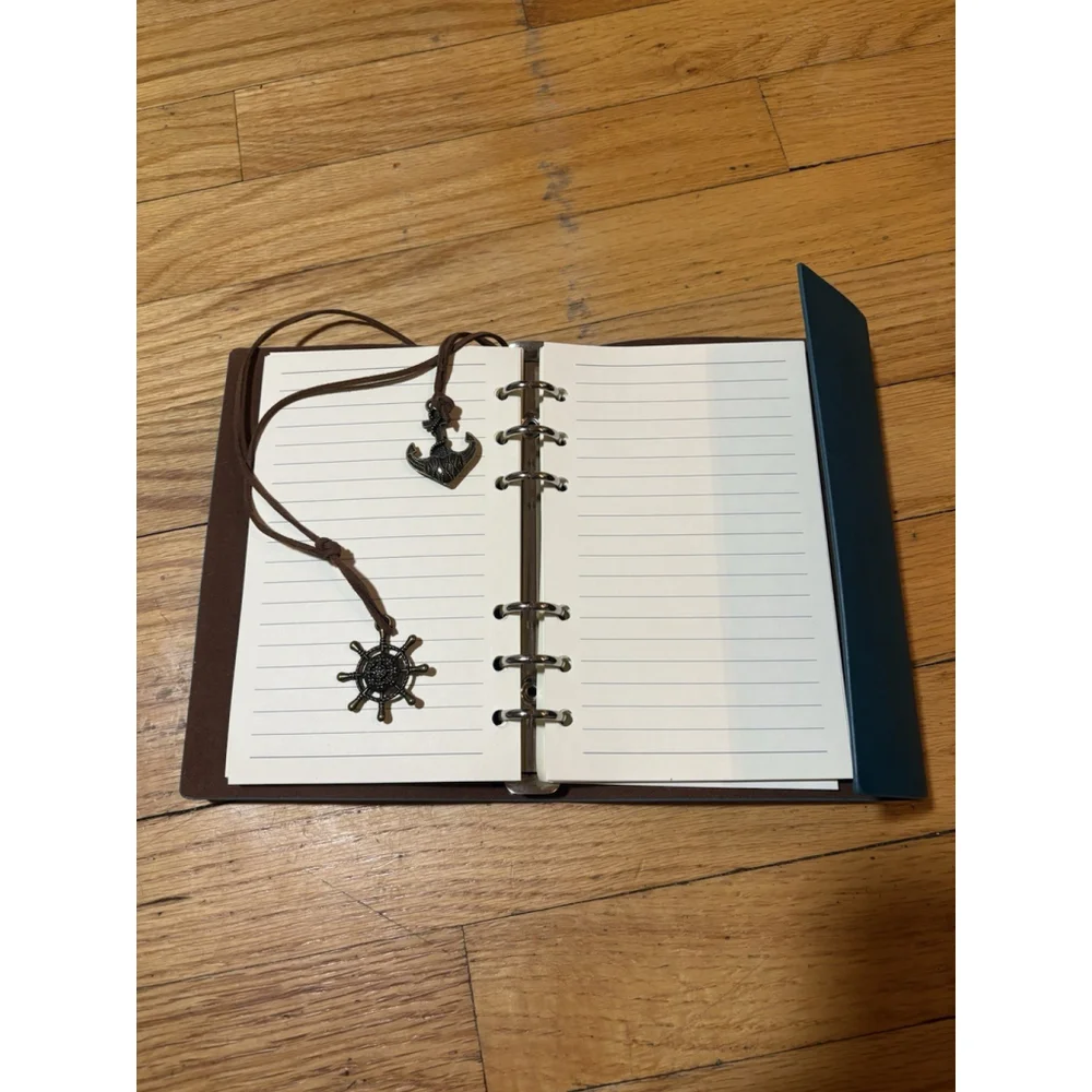 Trifold Teal Leather Journal Cover Refillable Binder Compass With Cord Charms